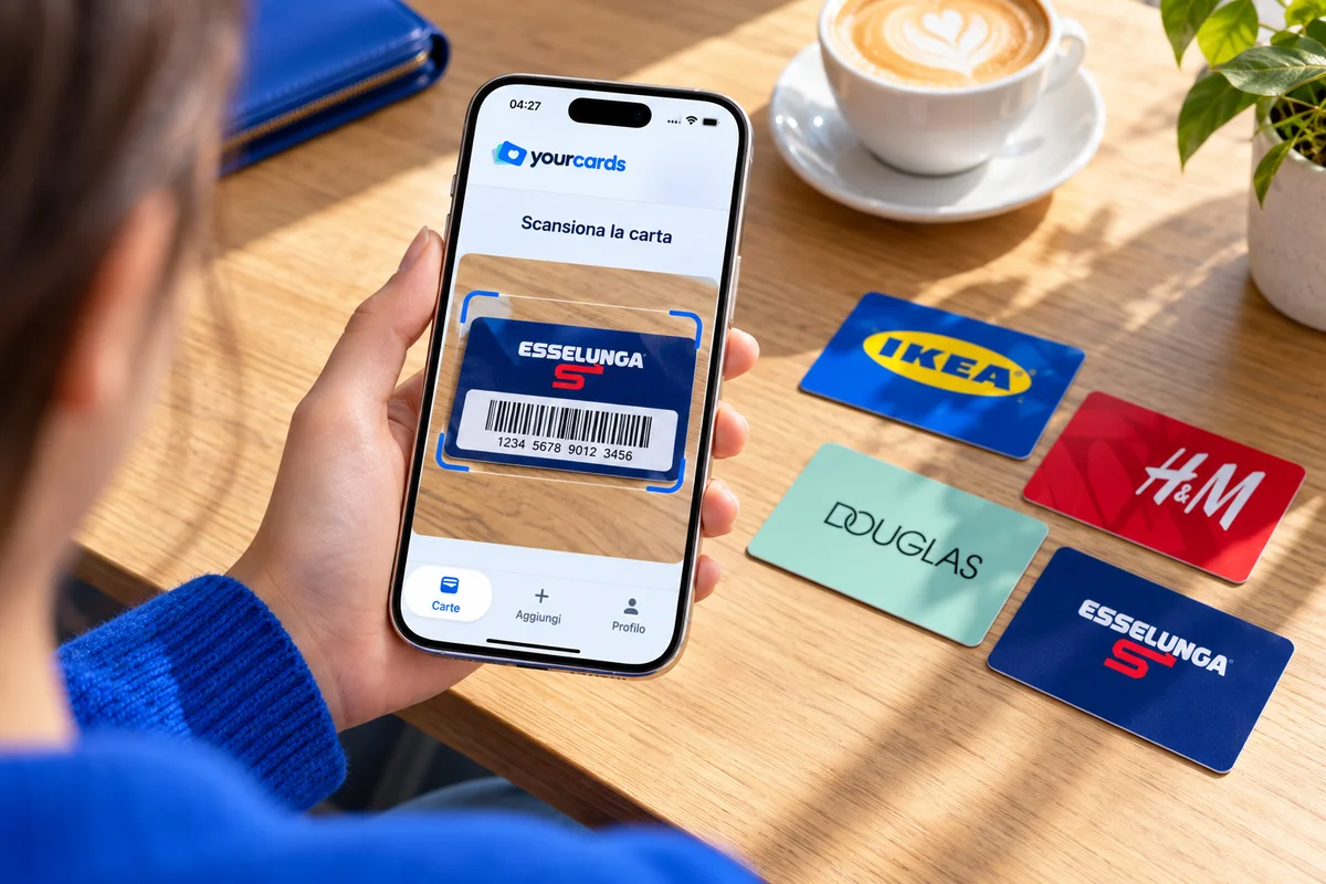Un cliente scansiona una carta fedeltà con YourCards su iPhone, accanto alle carte già aggiunte sul tavolo