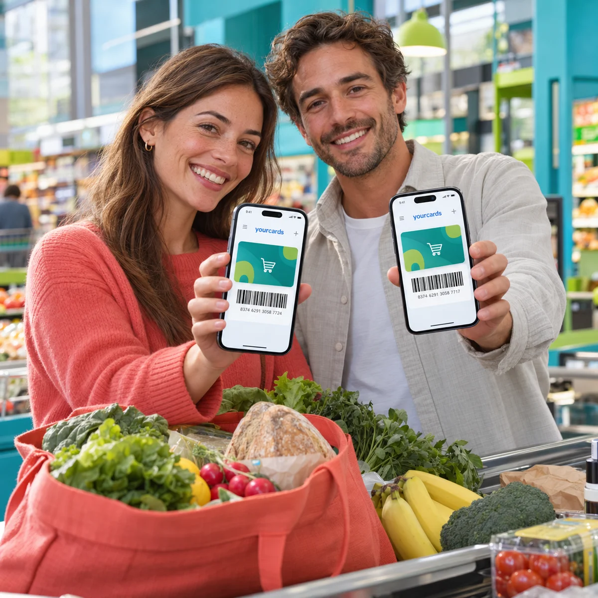 Due familiari alla cassa del supermercato mostrano la stessa carta fedeltà condivisa sui propri telefoni