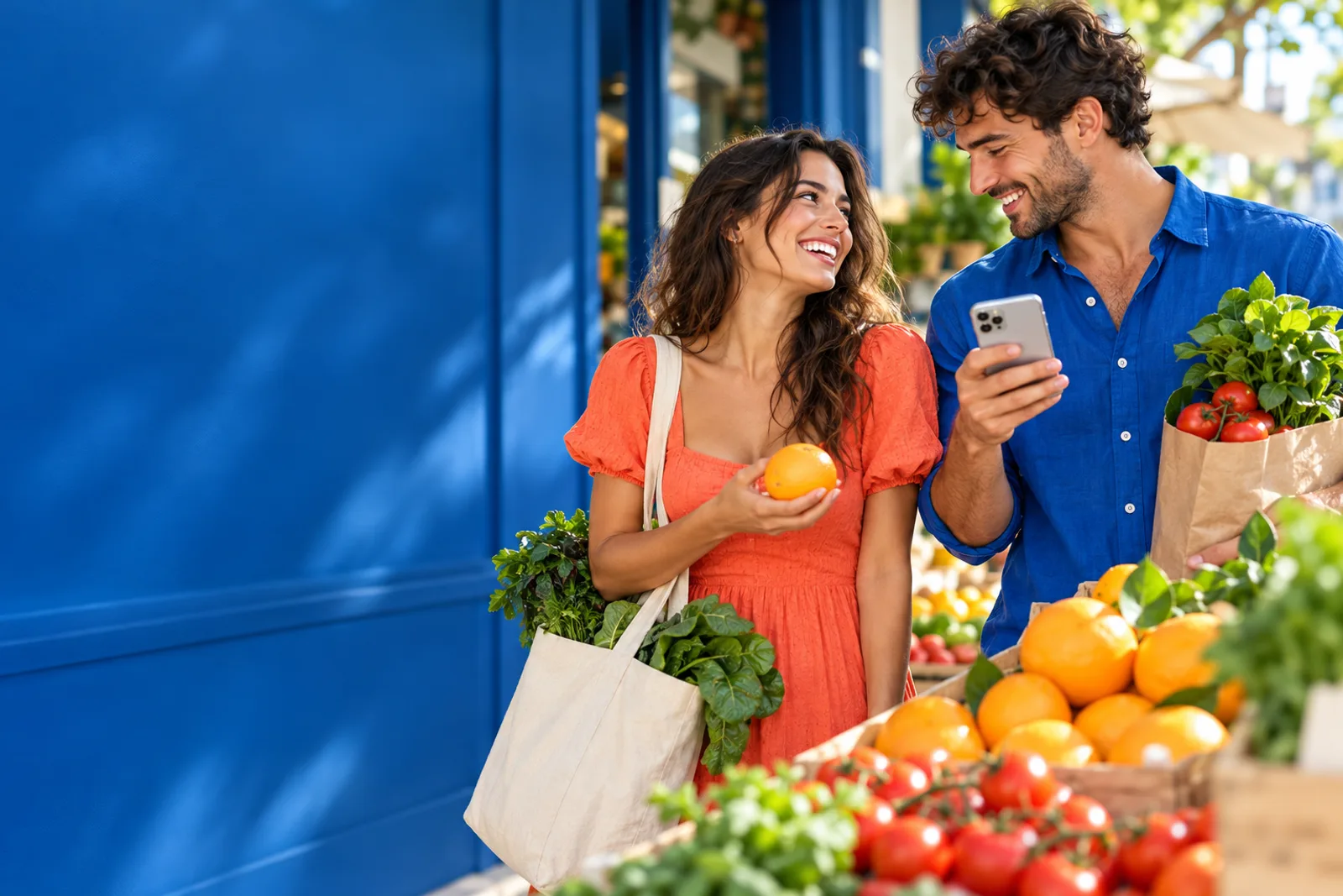 Due amici fanno la spesa al mercato con uno smartphone e una borsa riutilizzabile