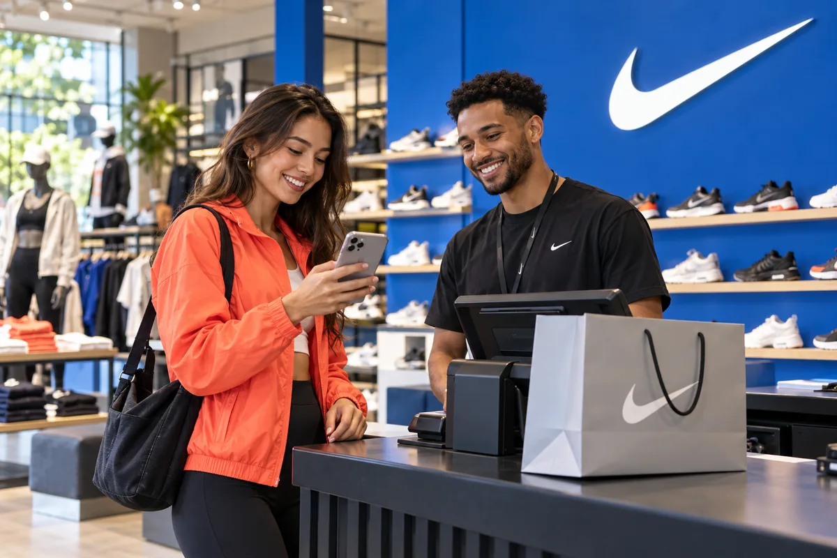 Una cliente con smartphone alla cassa di un negozio Nike di abbigliamento sportivo